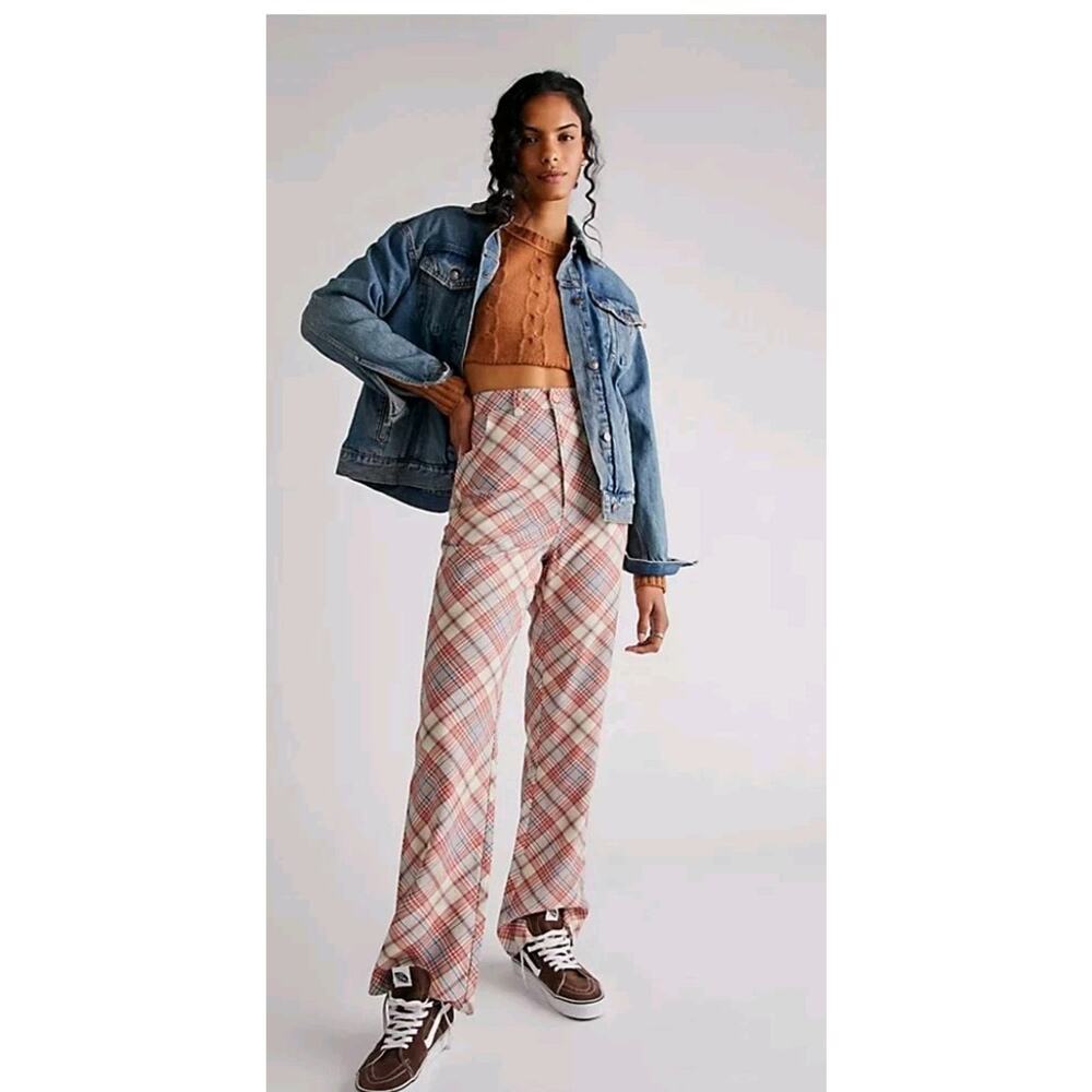 Rolla’s PLAID Slim High Rise Bootcut PANTS IN POMEGRANATE Size XS